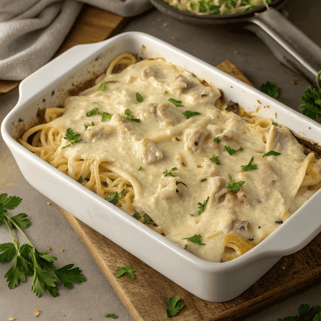 Overhead view of a full chicken tetrazzini casserole with melted cheese topping.