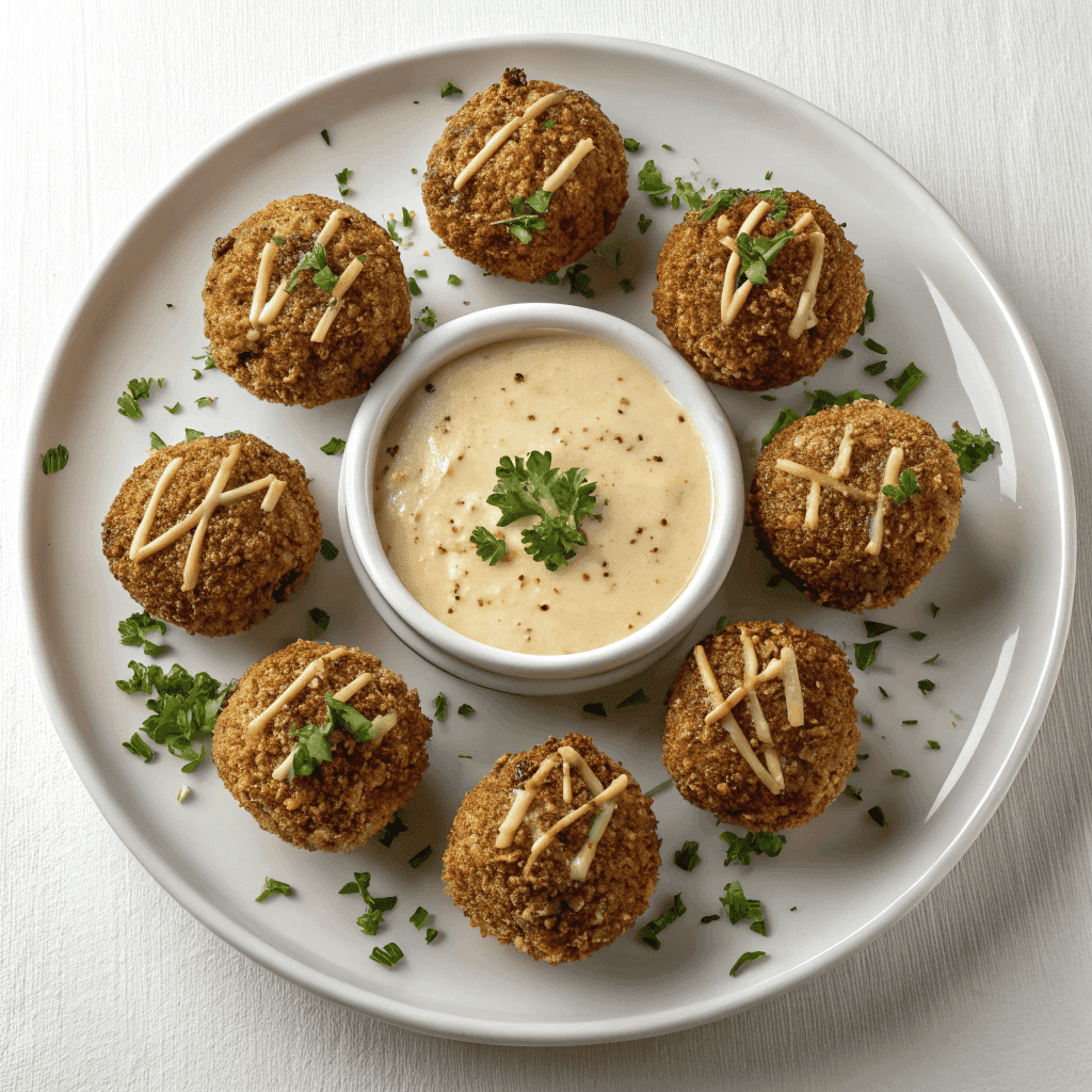 Overhead view of a full plate of Reuben balls with dipping sauce.