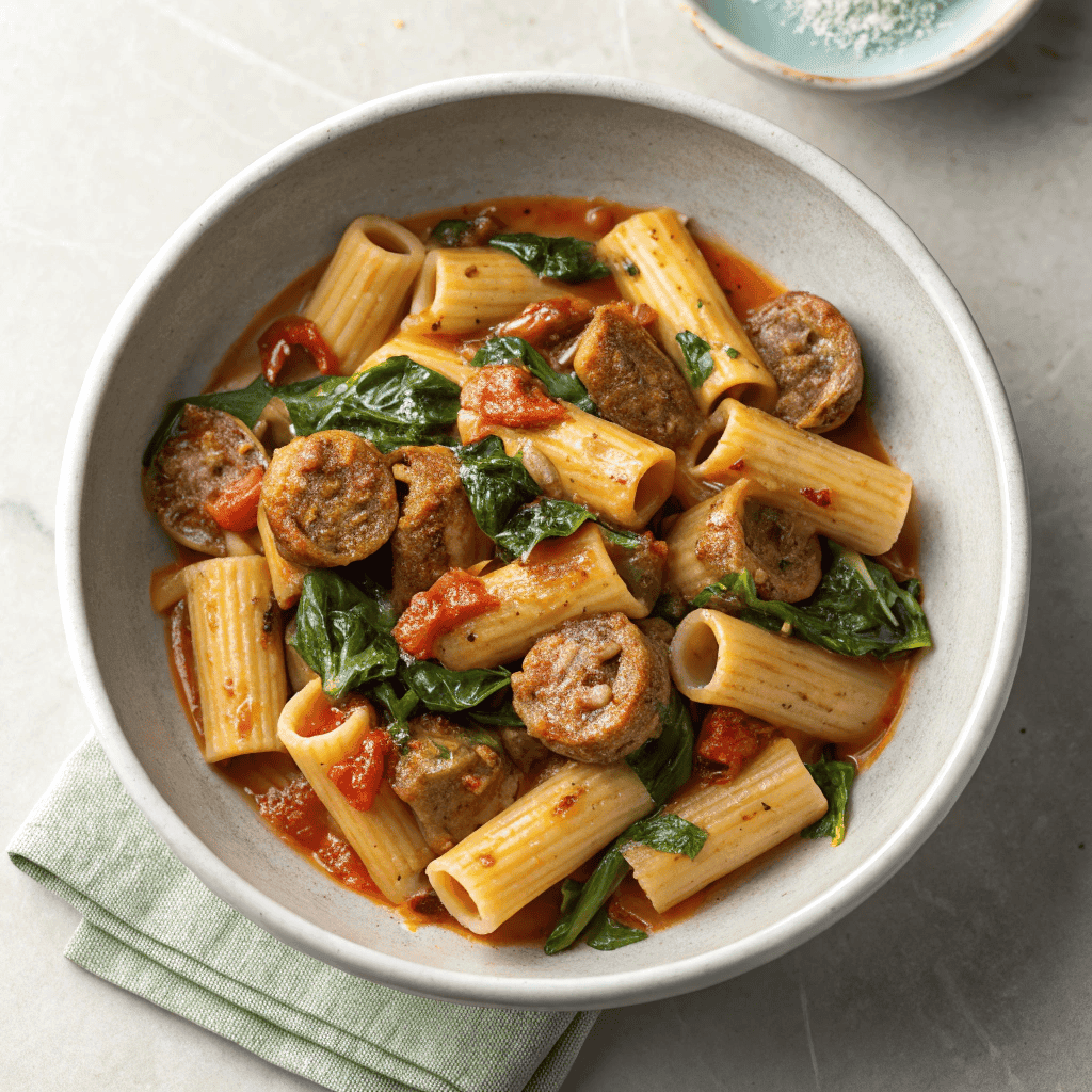 Overhead view of sausage rigatoni pasta with spinach in creamy tomato sauce.