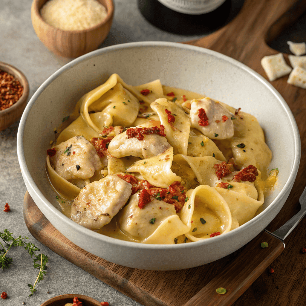 Overhead view of spicy garlic butter chicken tortellini pasta in a bowl.