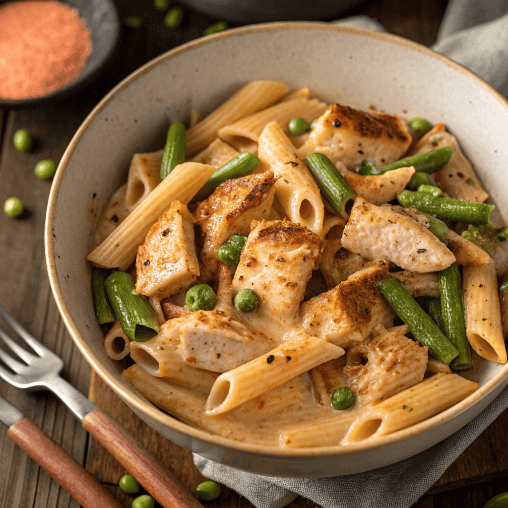 Chicken chipotle penne pasta served in a white bowl with vegetables.