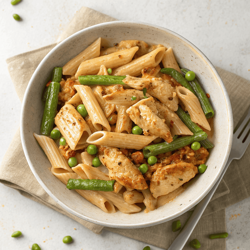 Overhead view of chicken chipotle pasta with penne and vegetables.
