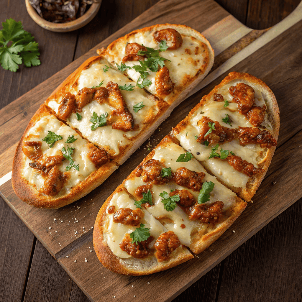 Honey garlic bread pizza on a white plate with melted cheese, glazed chicken pieces, and parsley.