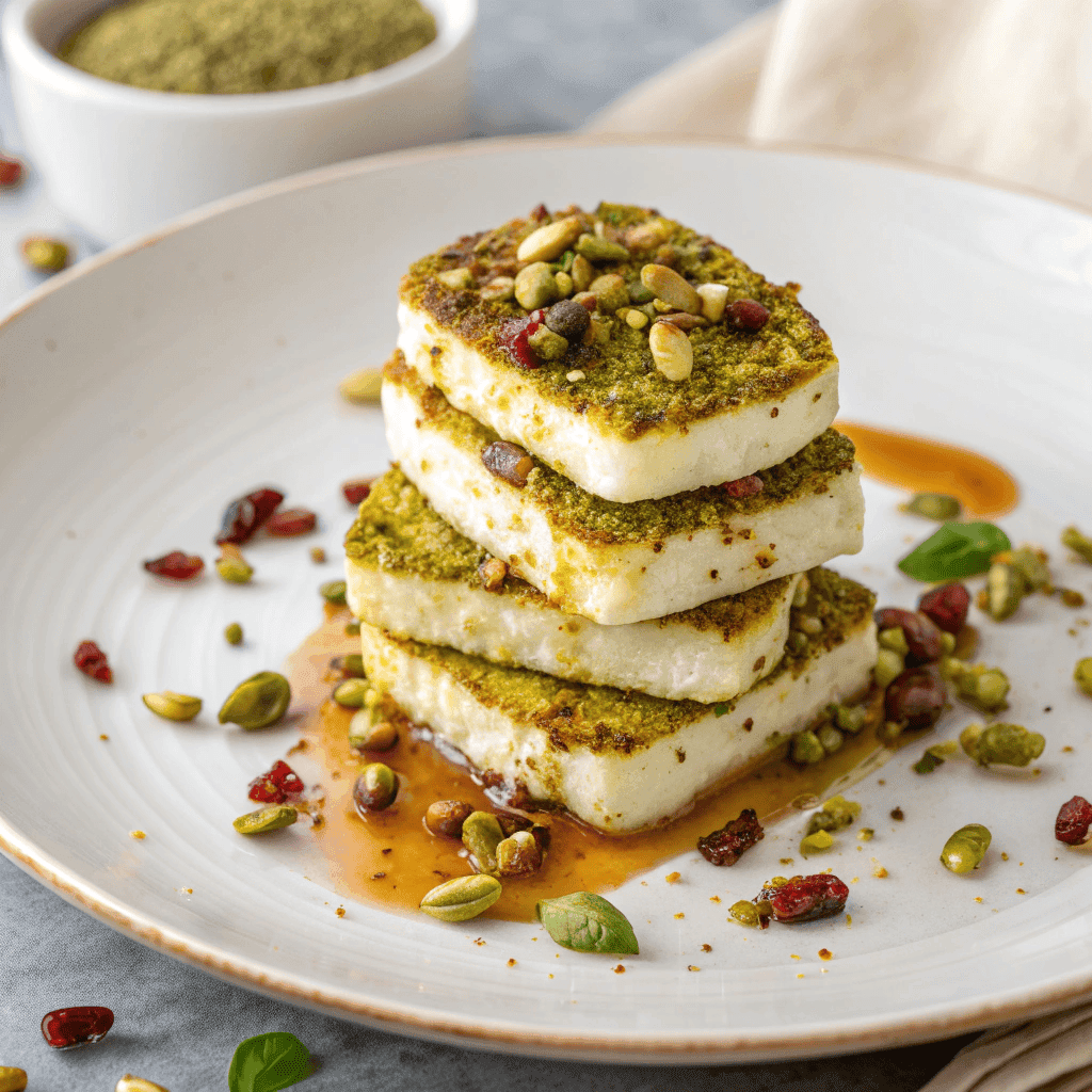 Full view of pistachio halloumi stacked and drizzled with honey on a white plate.