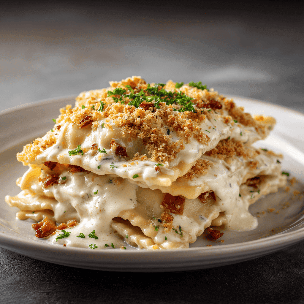 creamy ravioli carbonara with golden breadcrumbs and parmesan sauce on plate without bacon
