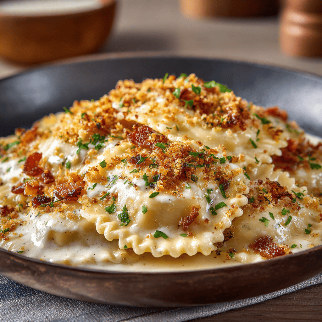 ravioli carbonara in pan with parmesan cream and breadcrumbs without bacon