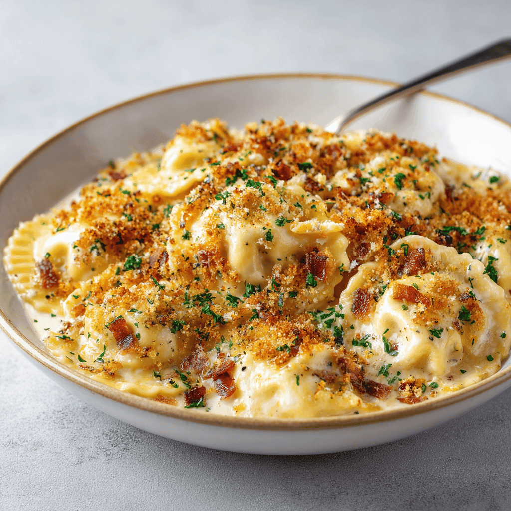 ravioli carbonara shown from slight angle with creamy sauce and breadcrumbs no bacon