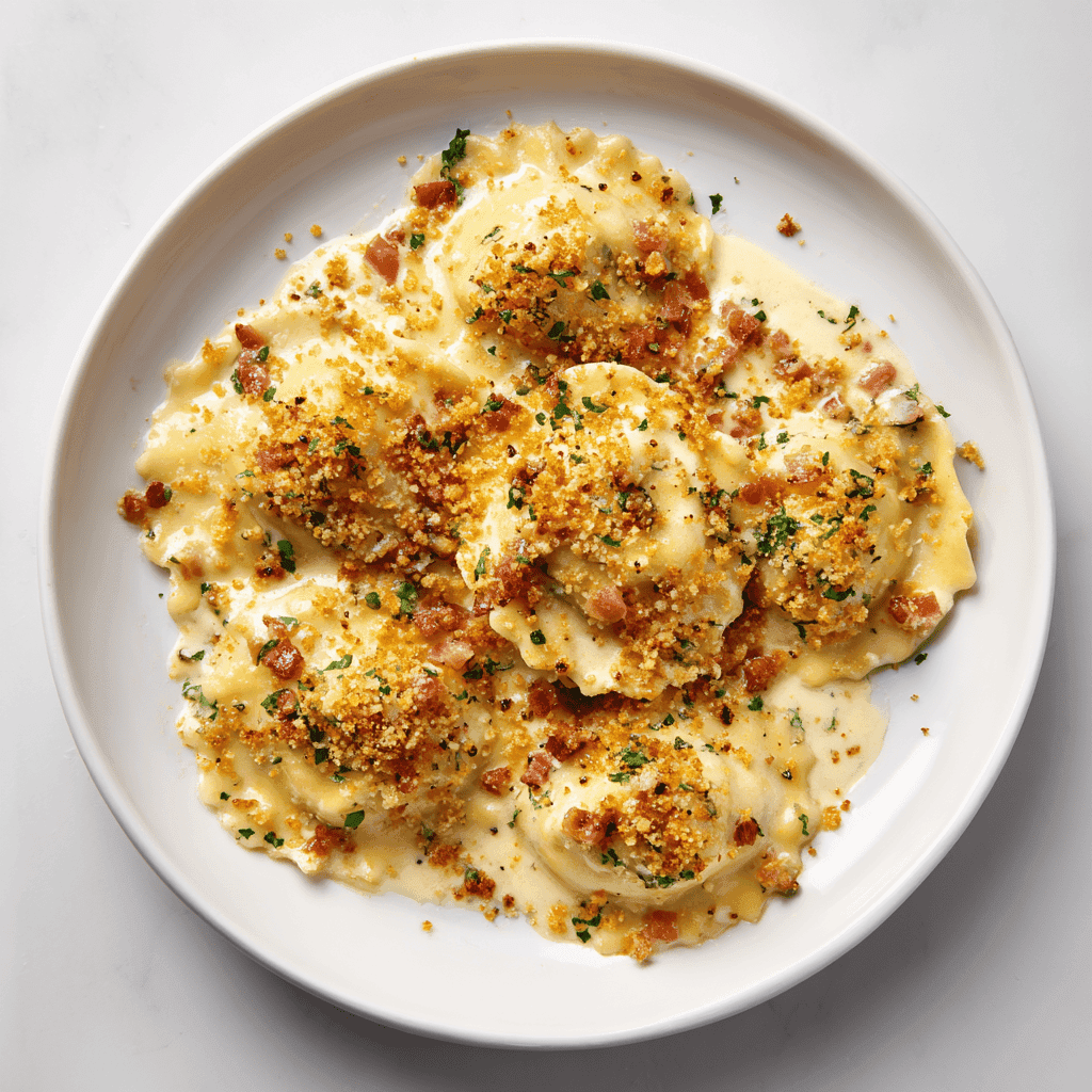finished ravioli carbonara topped with breadcrumbs and creamy sauce no bacon