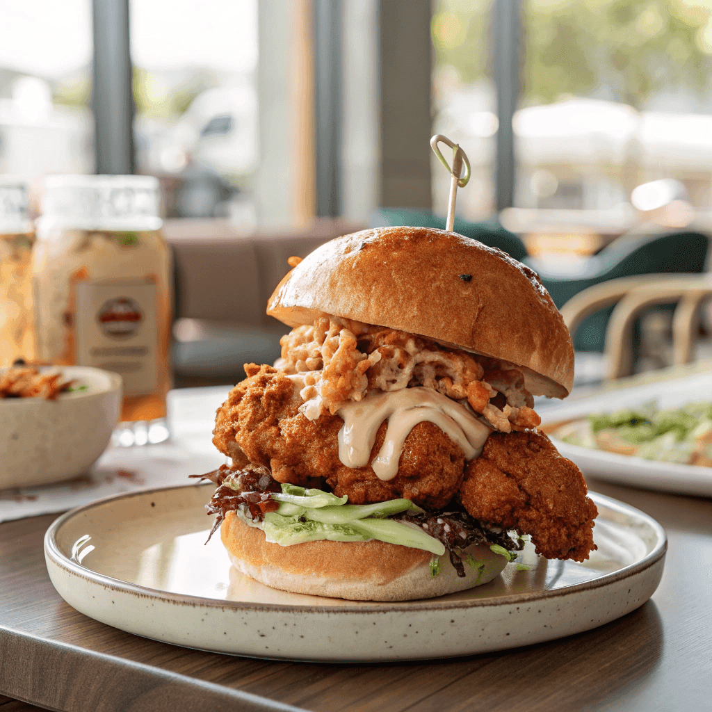 Restaurant-style Thai fried chicken sandwich served on a plate.
