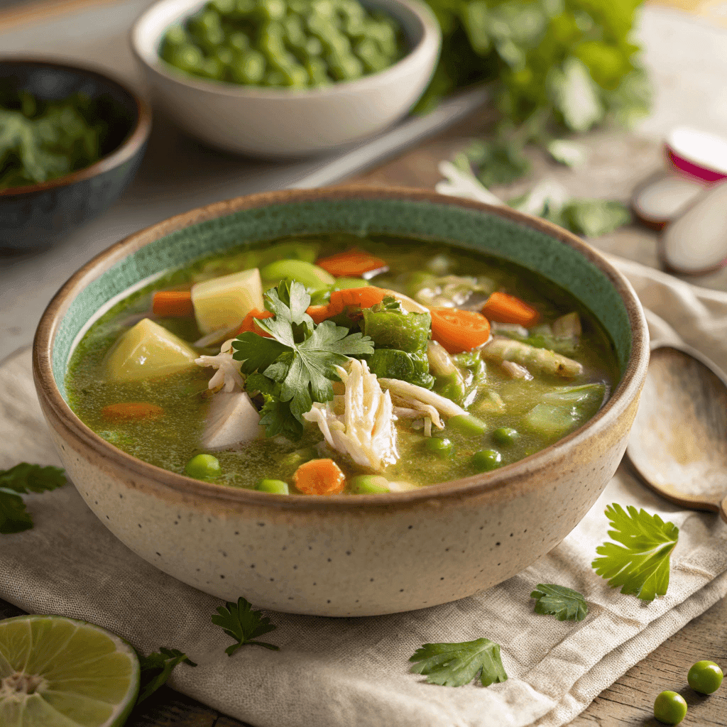 Best Aguadito de Pollo Soup Recipe 2 Full bowl of homemade Peruvian aguadito de pollo soup on rustic surface.