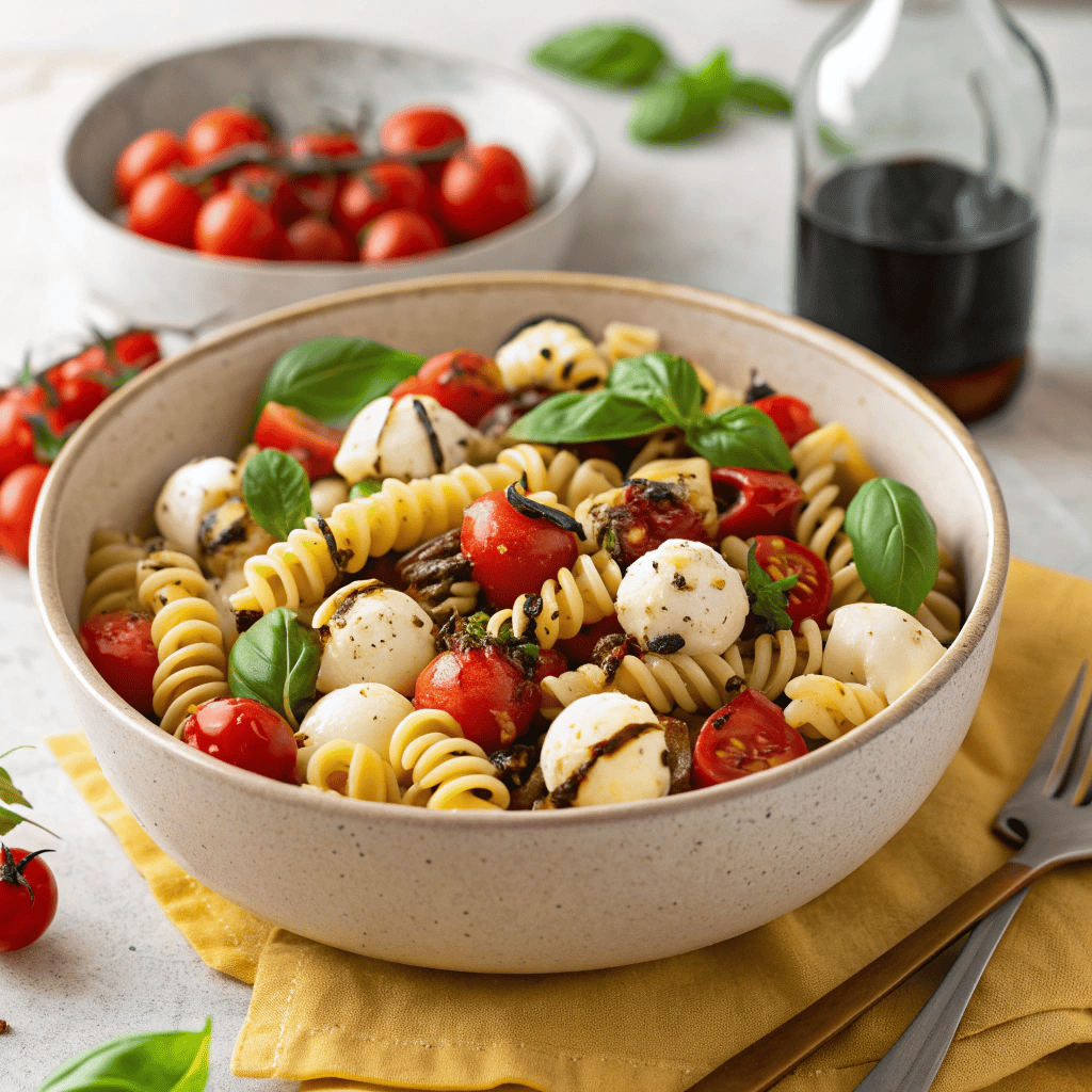Large bowl of caprese pasta salad with balsamic glaze and fresh basil.