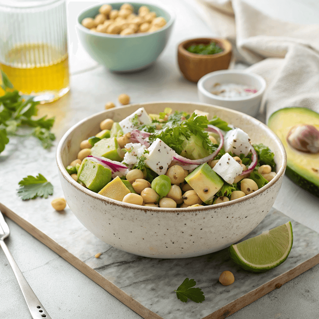 Full bowl of chickpea feta avocado salad with herbs and lemon dressing.