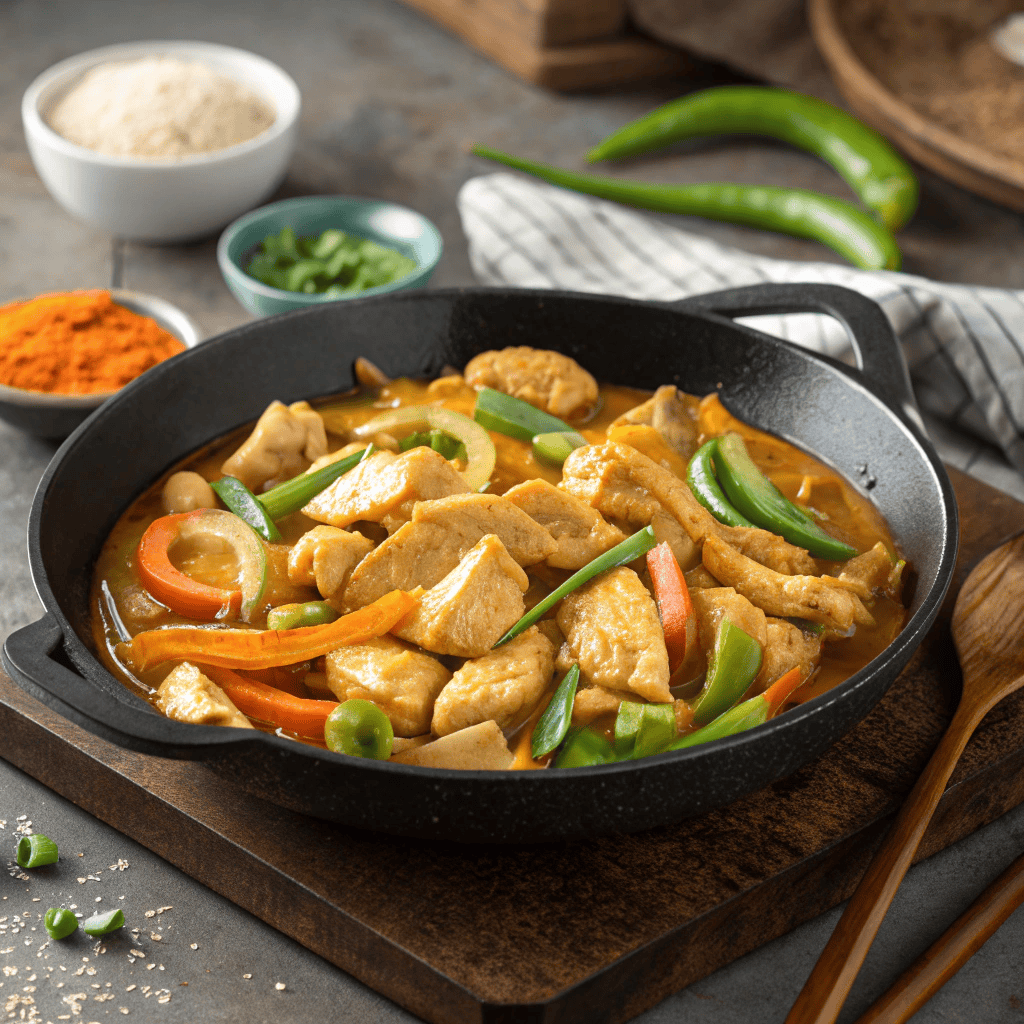 Full wok of Chinese curry chicken with peppers, carrots, onions, and rich curry sauce.