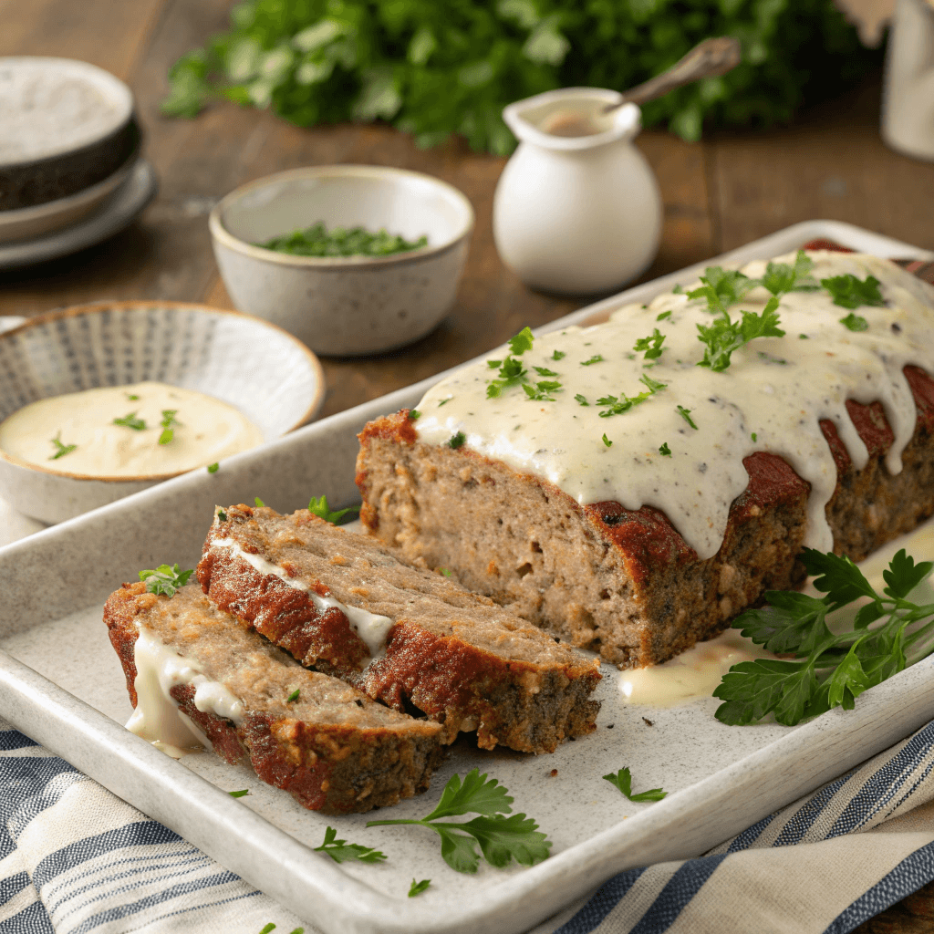 Family-style garlic parmesan meatloaf with creamy sauce on platter.