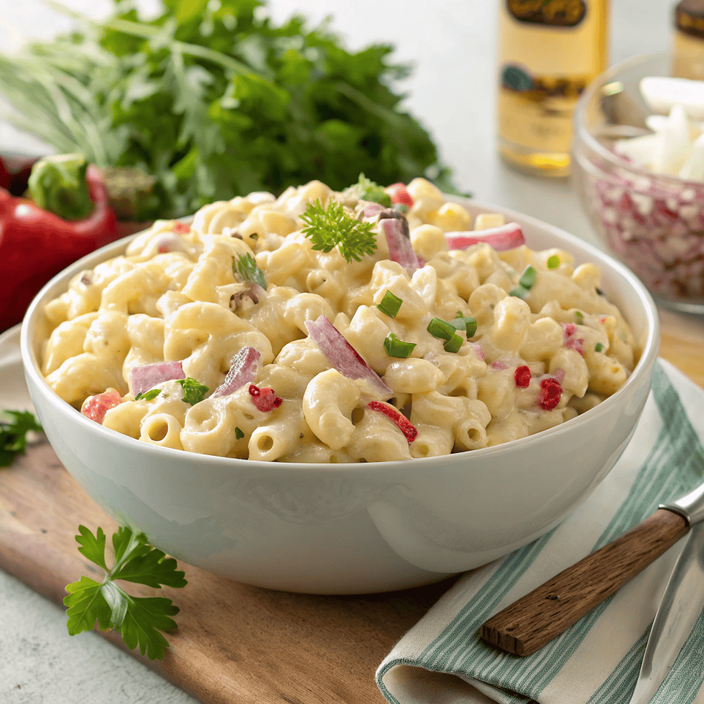 The Best Gordon Ramsay Macaroni Salad Recipe 2 Large bowl of creamy Gordon Ramsay–style macaroni salad with vegetables.