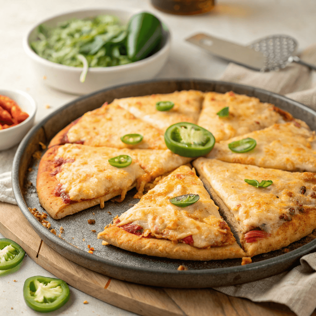 Best Low-Carb Keto Chicken Mexican Pizza Recipe 2 Whole keto chicken Mexican pizza sliced and topped with cheese, jalapeños, and pico de gallo.
