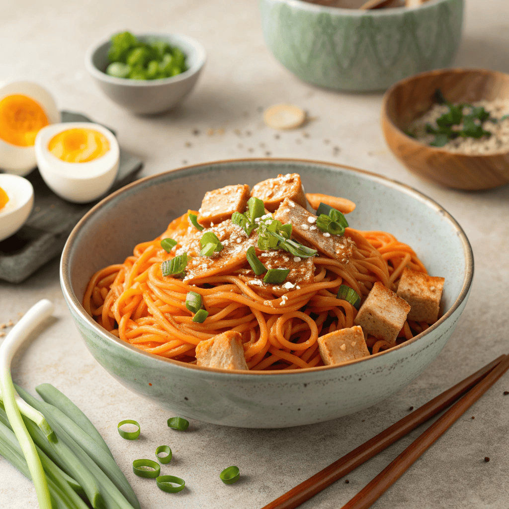 Full bowl of Korean ssamjang pasta with tofu, eggs, cheese, and creamy sauce.