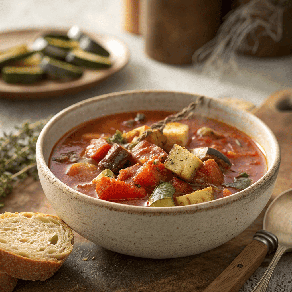 Full bowl of homemade ratatouille soup with vegetables on rustic surface.