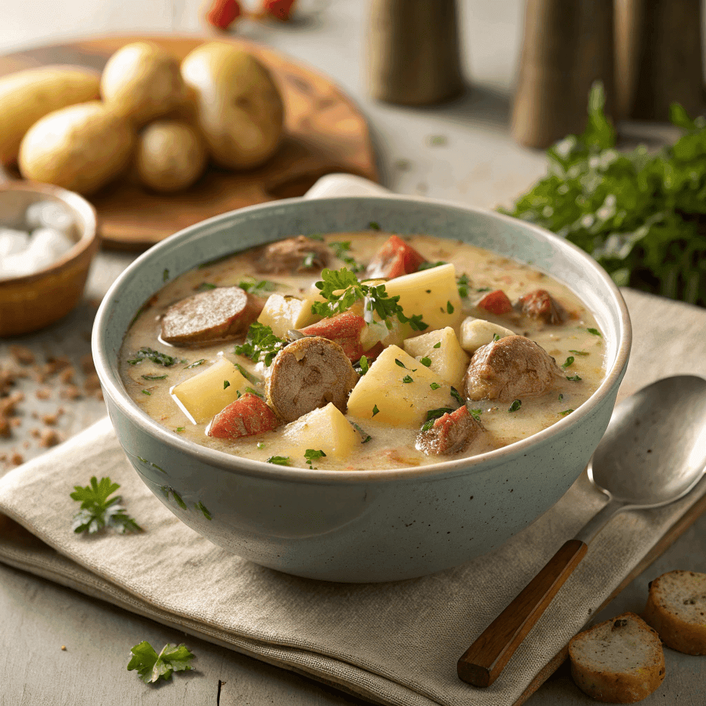 Full bowl of homemade sausage potato soup on rustic surface.