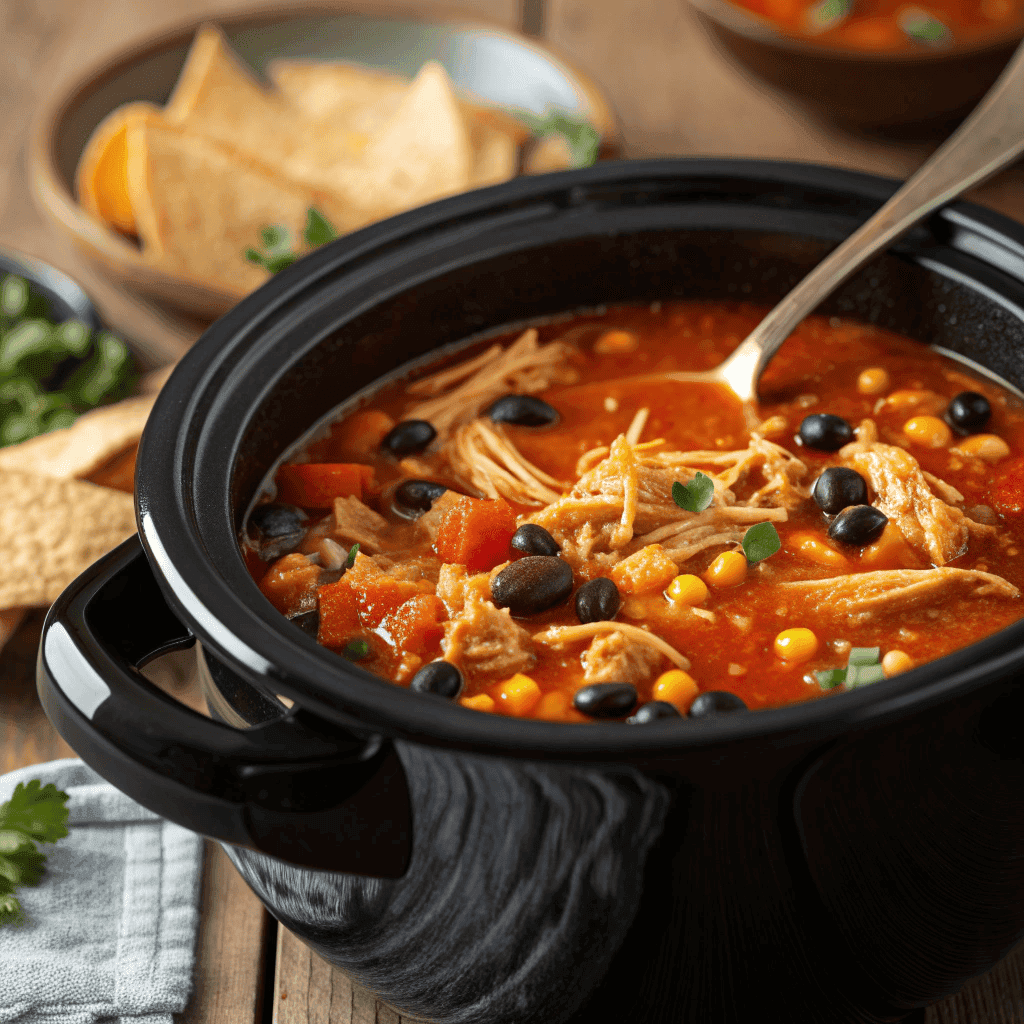 Slow cooker filled with chicken tortilla soup showing shredded chicken, beans, and corn.