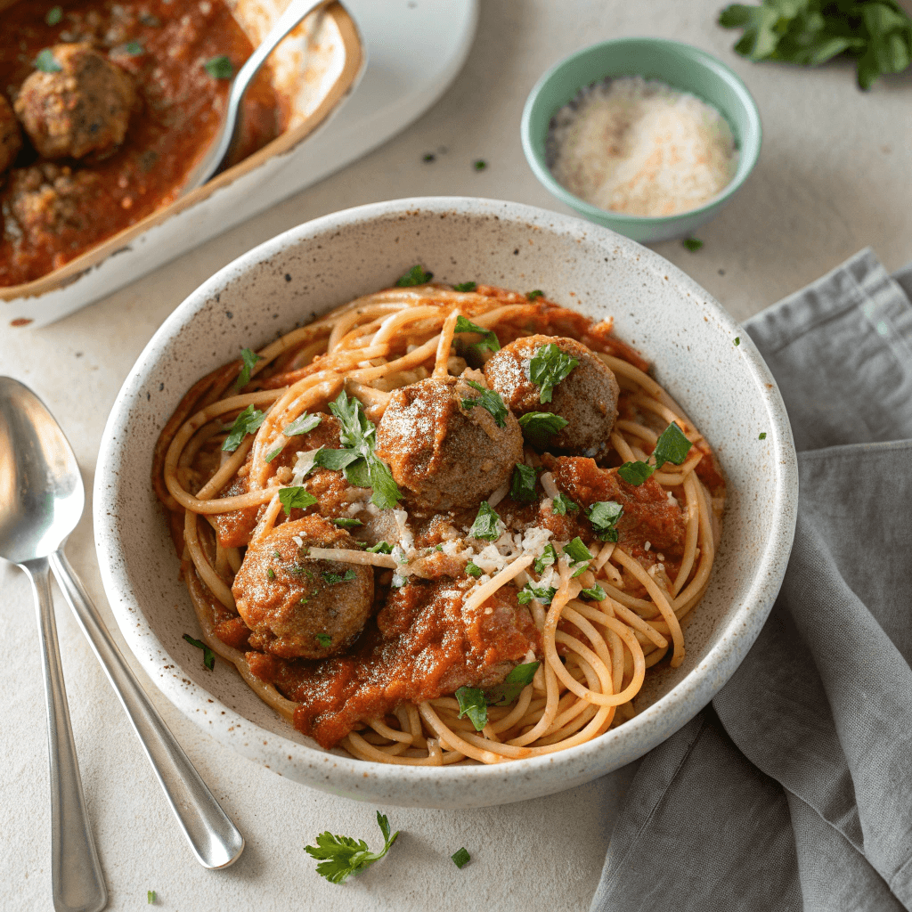 Spaghetti and Meatballs with Tomato Sauce – Classic Homemade Recipe 2 A full bowl of spaghetti and meatballs in tomato sauce with herbs on a light table.