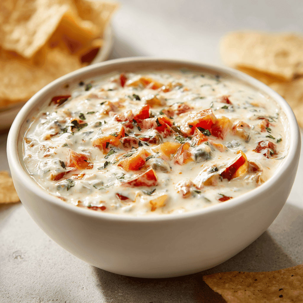 Rotel ranch dip in a white bowl with tomatoes, chiles, and creamy cheese.