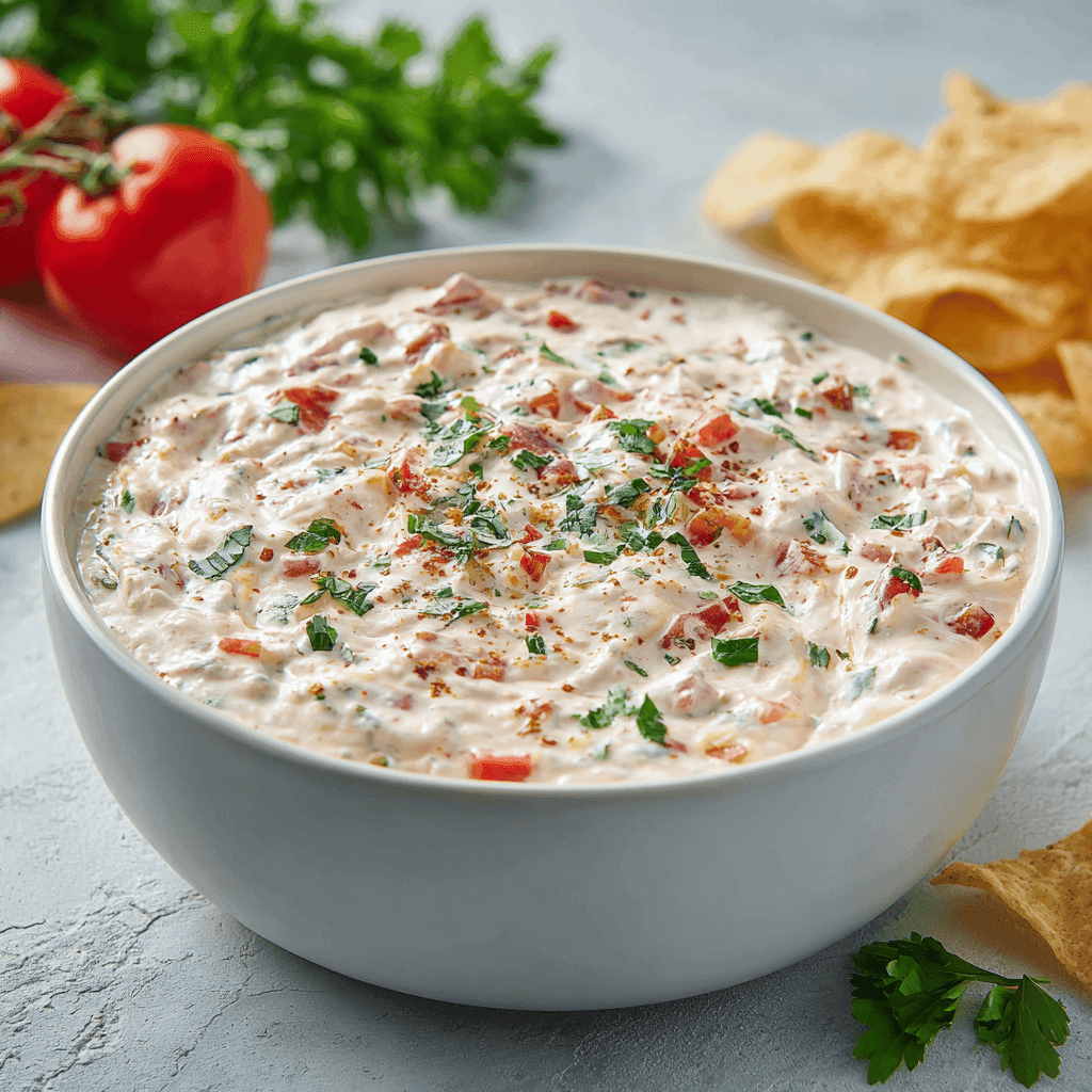 Rotel ranch dip in a white bowl on a clean surface.