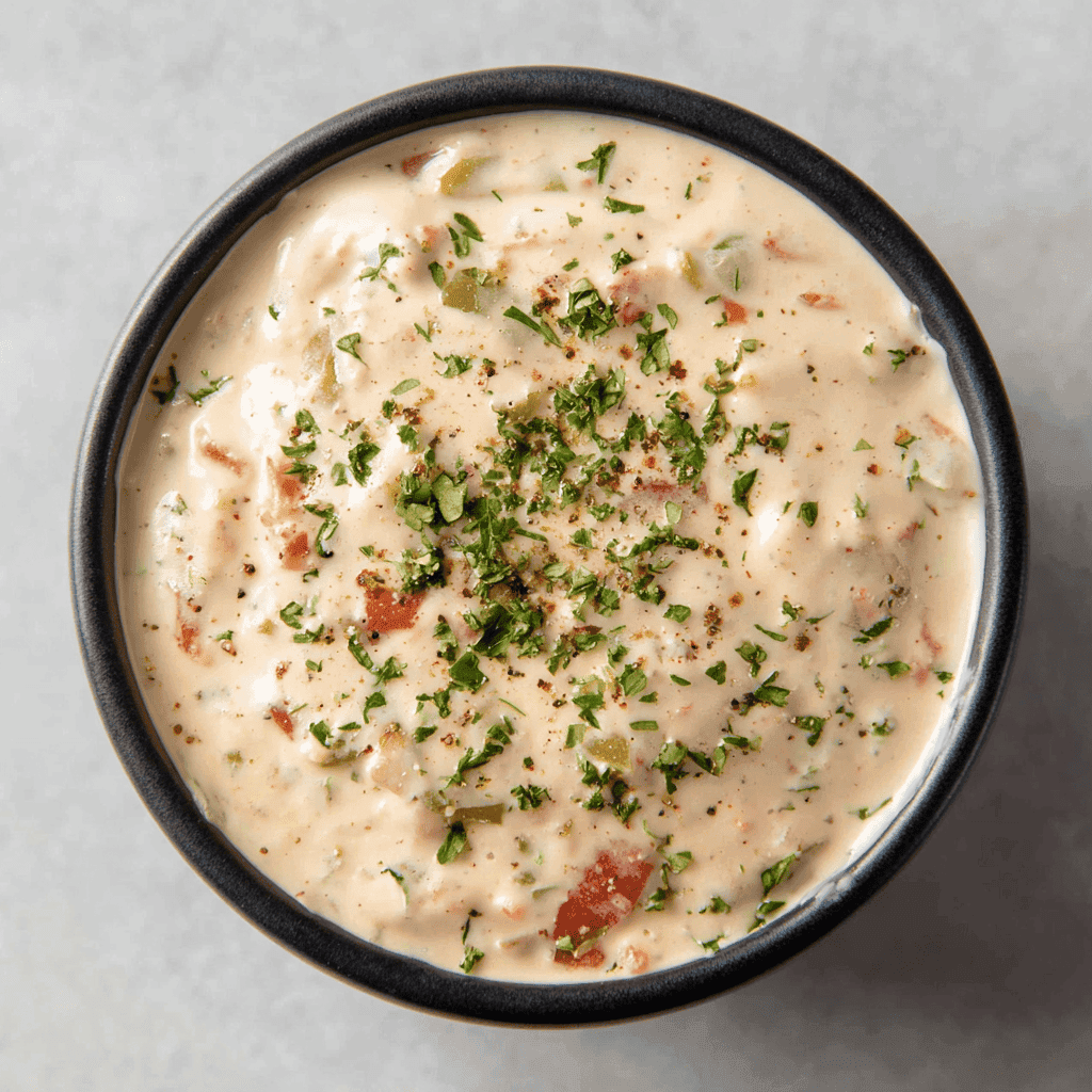 Top view of finished Rotel ranch dip in a white bowl.