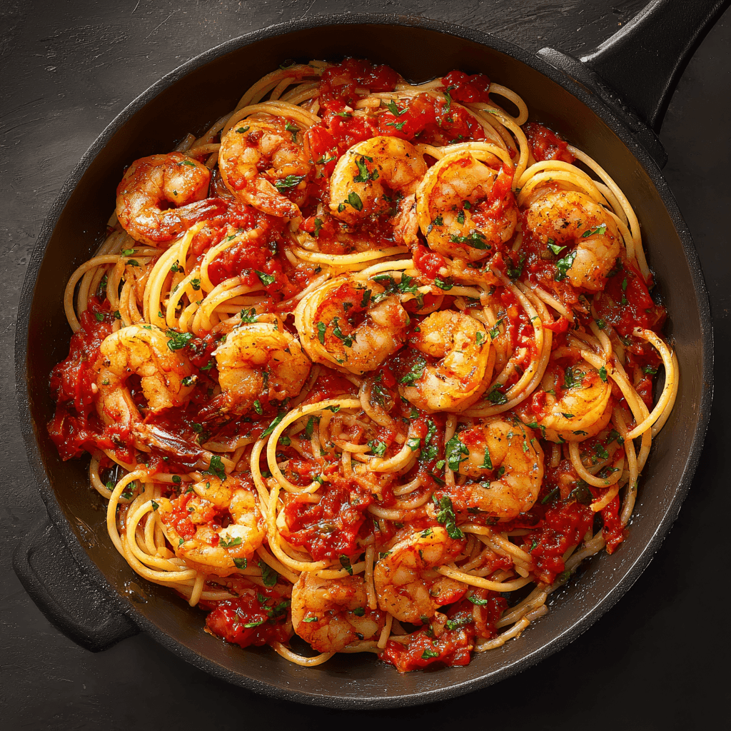 Shrimp Fra Diavolo pasta in a skillet with spicy red sauce and sautéed shrimp.