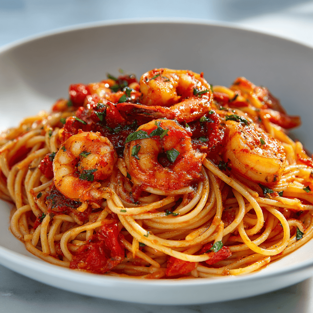 Plate of Shrimp Fra Diavolo pasta with shrimp, tomato sauce, and spaghetti.