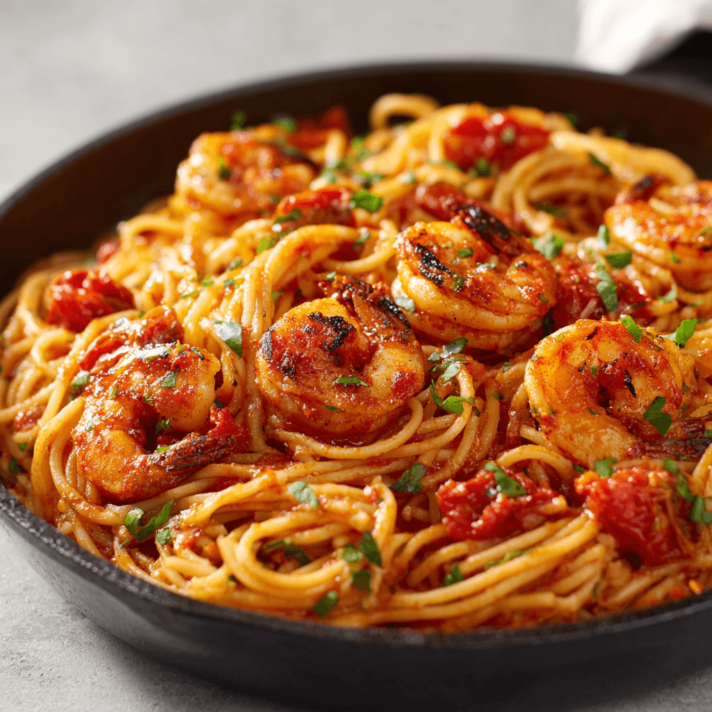 Skillet of Shrimp Fra Diavolo pasta with spicy red sauce and shrimp at a slight angle.