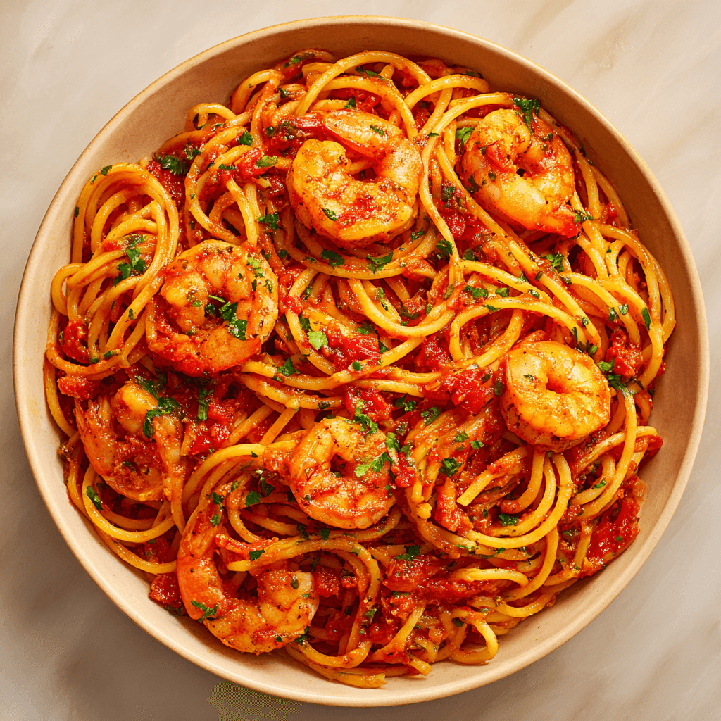 Finished Shrimp Fra Diavolo pasta topped with sautéed shrimp and spicy red sauce.