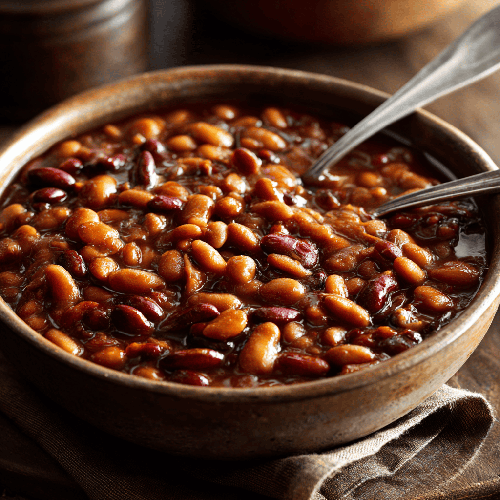 Slow cooker baked beans in a rustic bowl with a thick glossy sauce and serving spoons.
