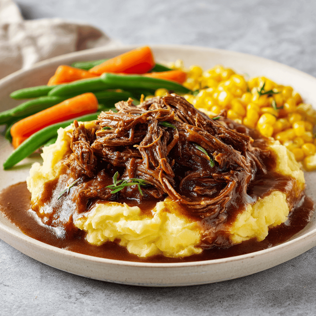 Slow Cooker Beef Manhattan – Tender, Hearty Comfort Food 4 Slow Cooker Beef Manhattan with shredded beef, mashed potatoes, gravy, and mixed vegetables on a white plate.