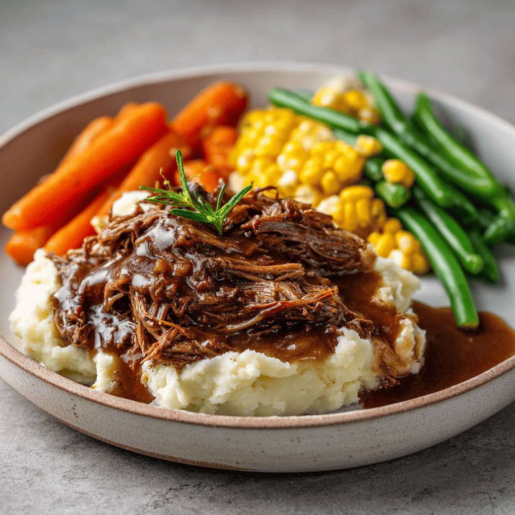 Slow Cooker Beef Manhattan – Tender, Hearty Comfort Food 2 Beef Manhattan served neatly on a plate showing shredded beef, gravy, mashed potatoes, and vegetables.