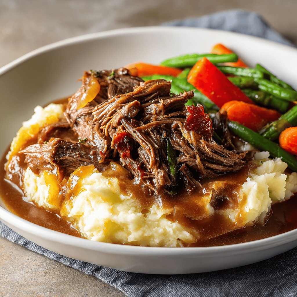 Slow Cooker Beef Manhattan – Tender, Hearty Comfort Food 1 Angled view of Slow Cooker Beef Manhattan with mashed potatoes and vegetables.