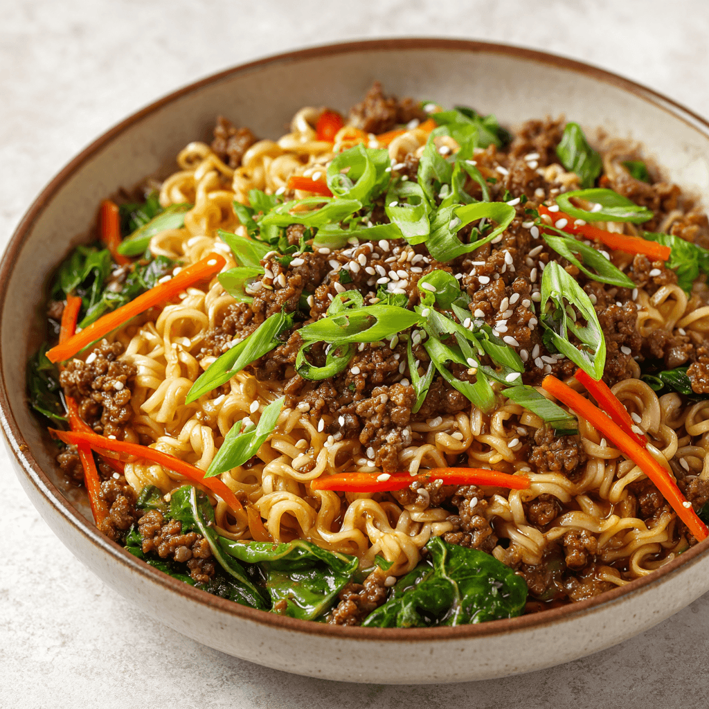 Slow cooker beef ramen noodles with ground beef, carrots, green onions, and sesame seeds in a bowl.