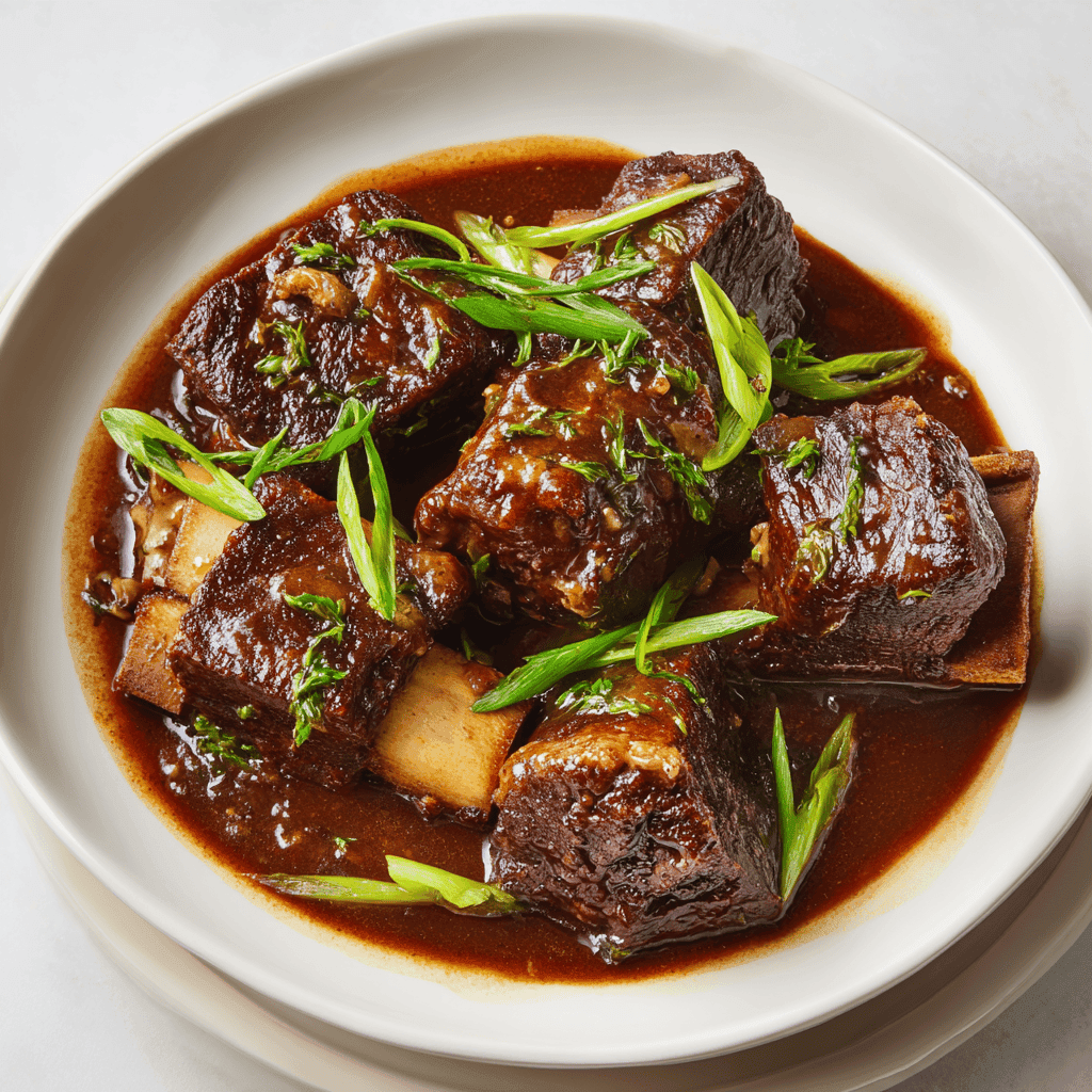 Slow cooker beef short ribs in a white bowl covered in rich brown gravy.