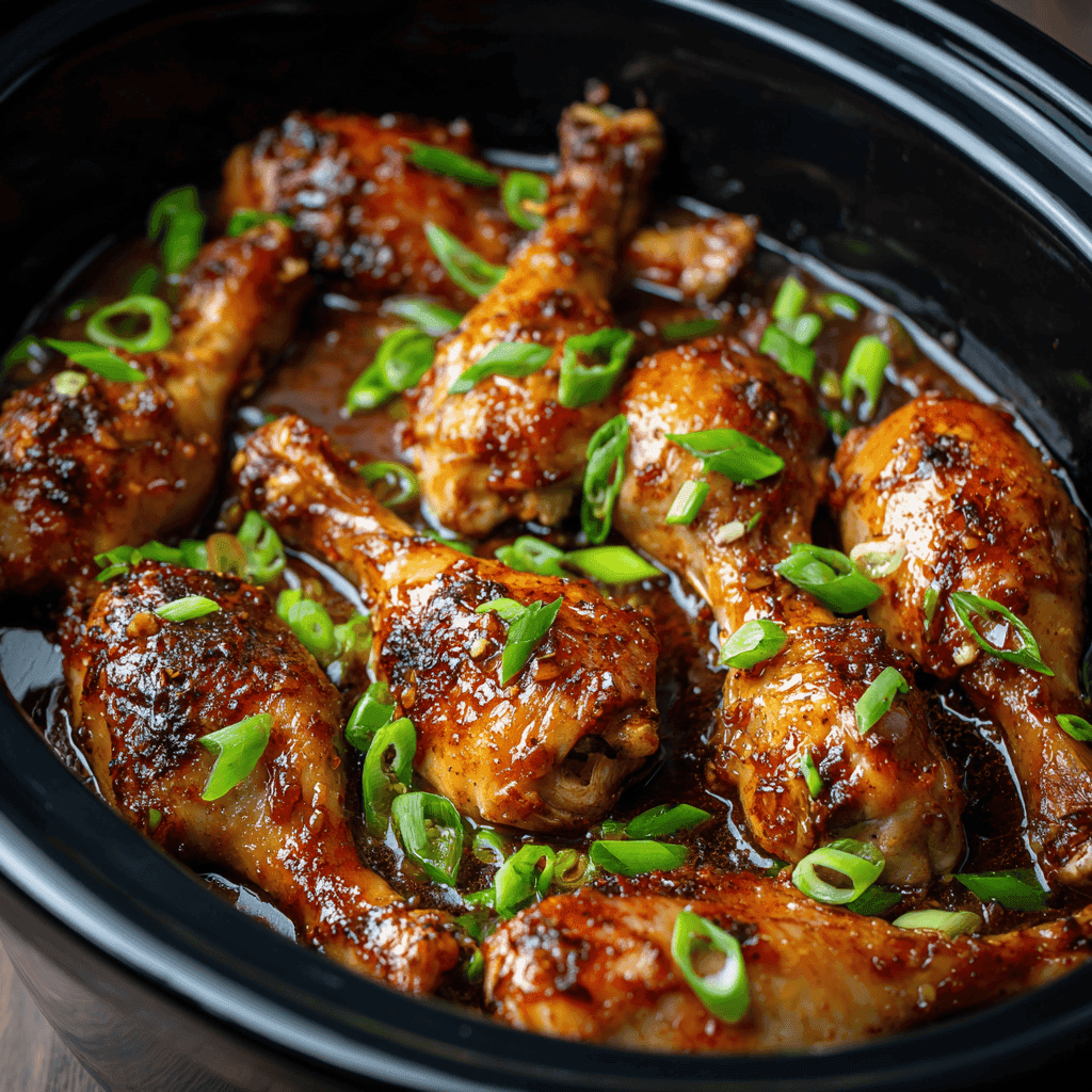 Golden glazed slow cooker chicken drumsticks topped with green onions in a crockpot.