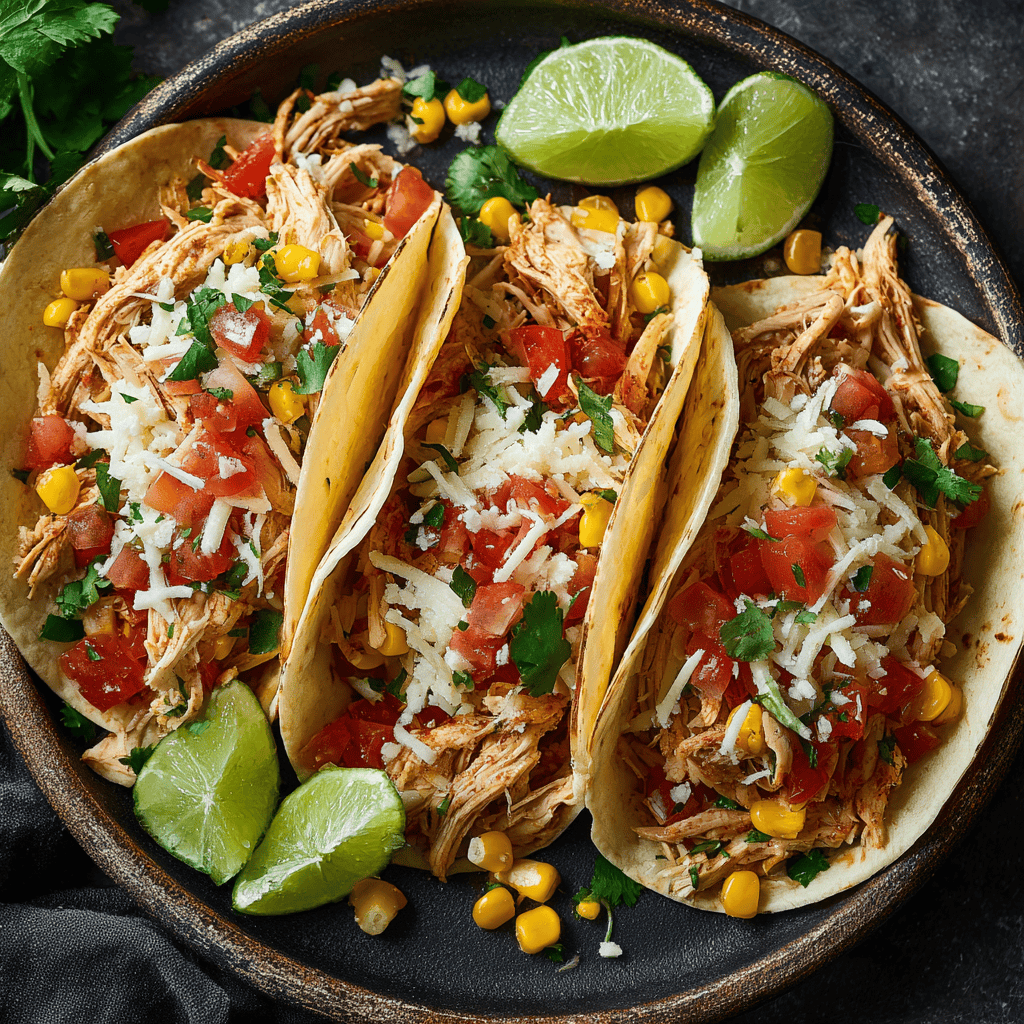 Slow cooker chicken tacos filled with shredded chicken, tomatoes, cheese, cilantro, and corn on a rustic plate.