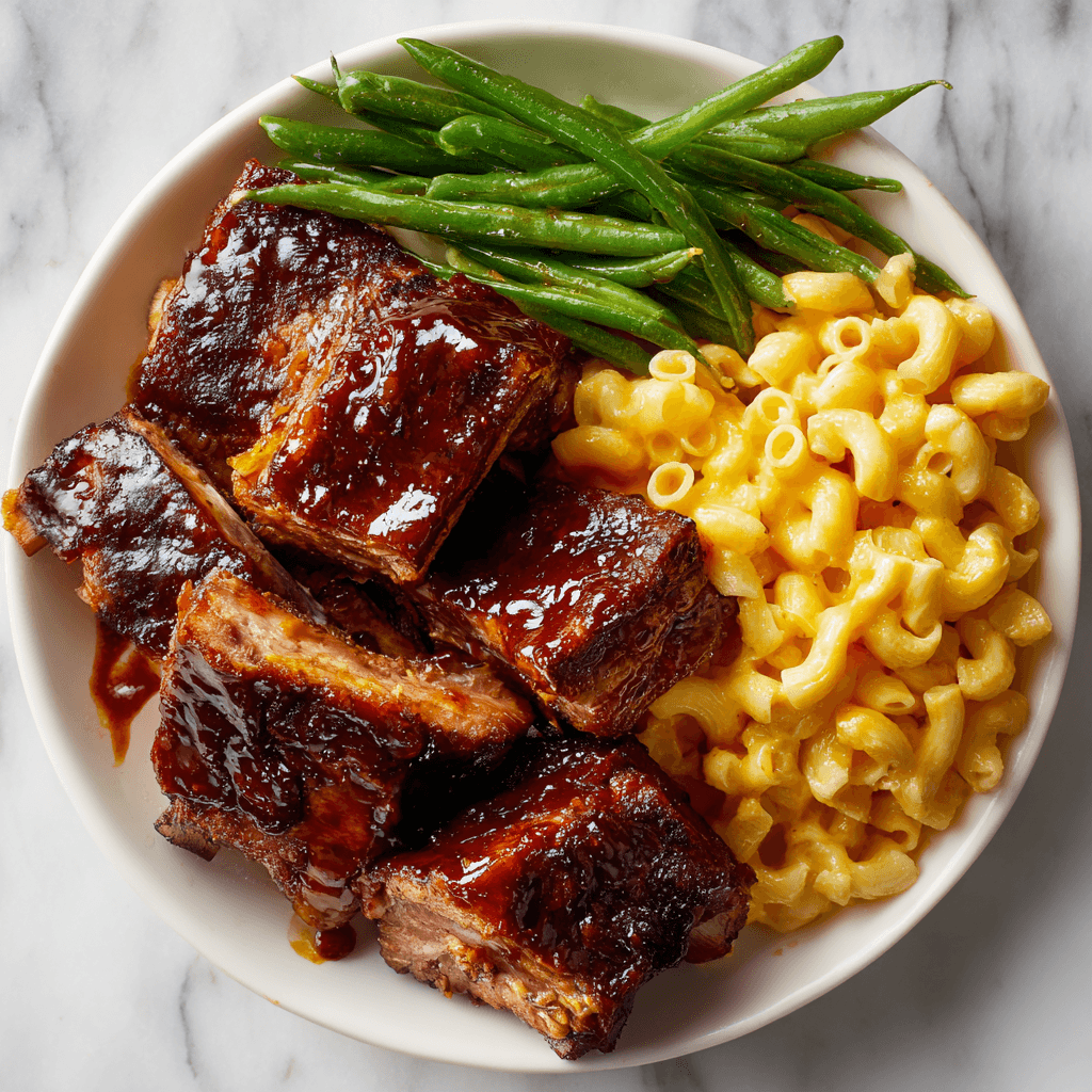 Slow cooker country-style ribs with roasted green beans and creamy macaroni and cheese on a white plate.