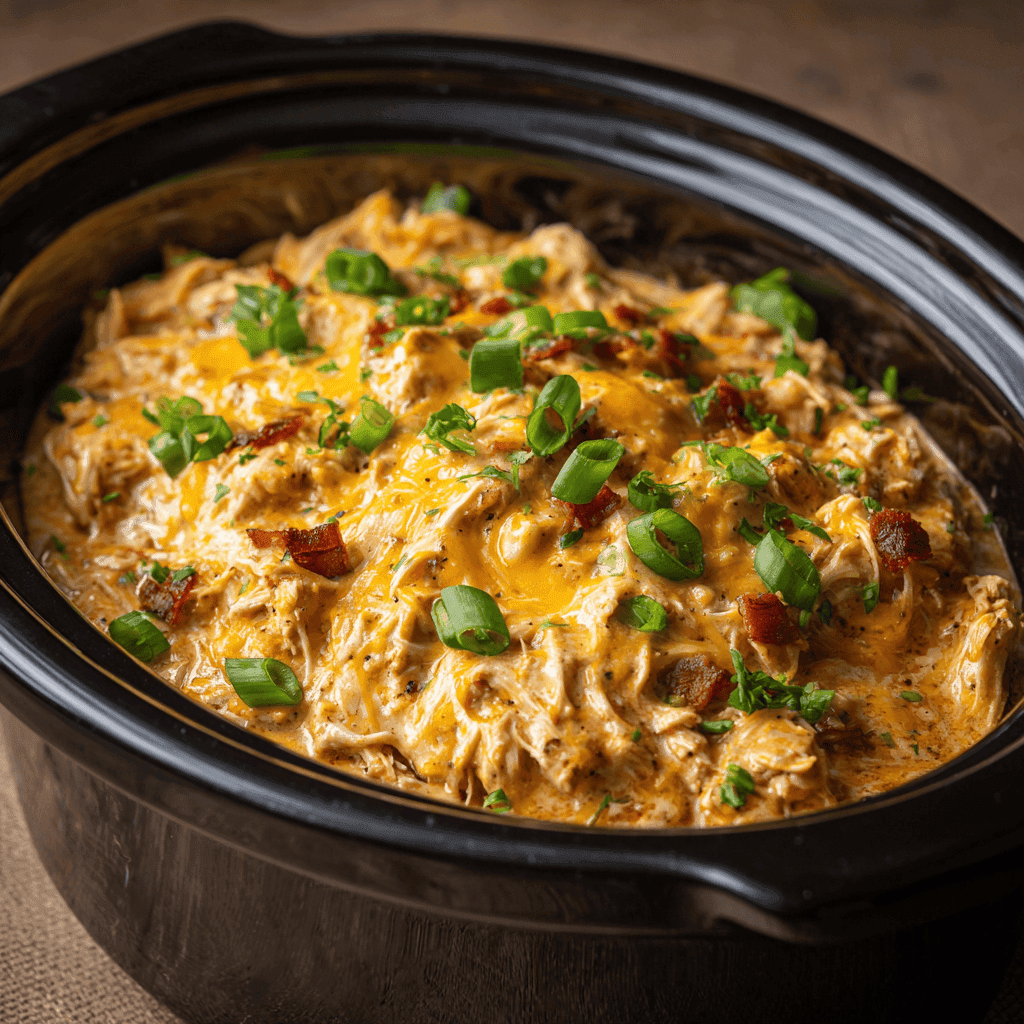 Creamy slow cooker crack chicken topped with melted cheddar and green onions in a crockpot