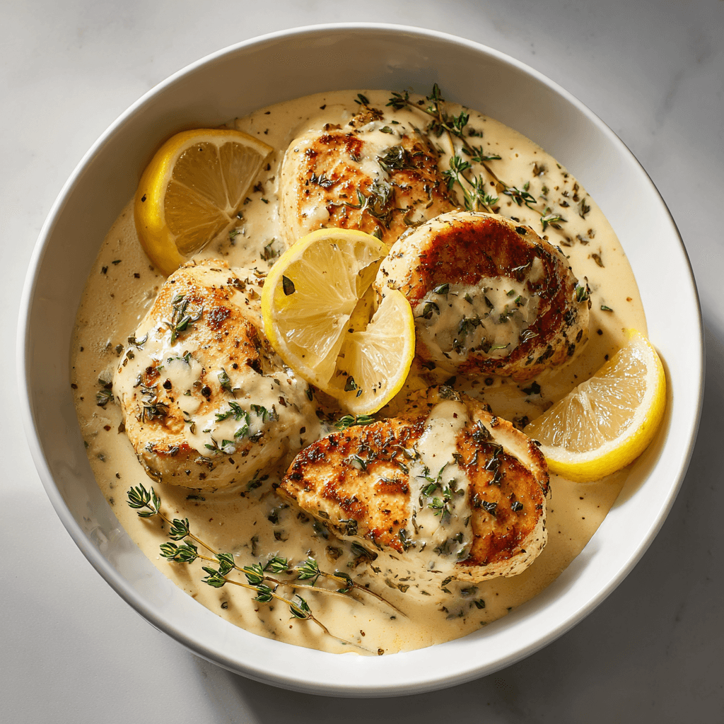 Creamy lemon herb chicken breasts in a white bowl with fresh thyme and lemon wedges.