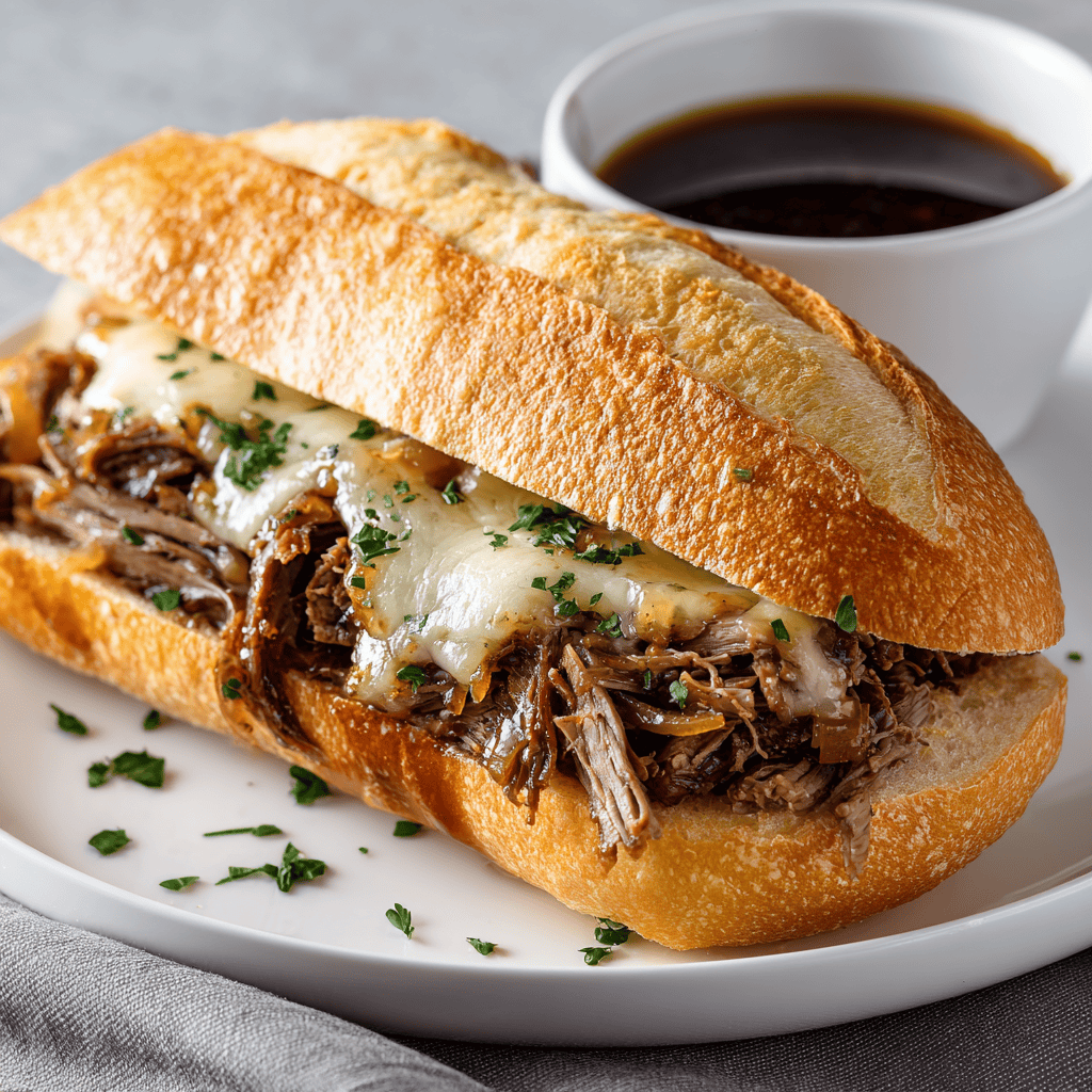 French dip sandwich with shredded beef, melted provolone, and onions served with au jus.