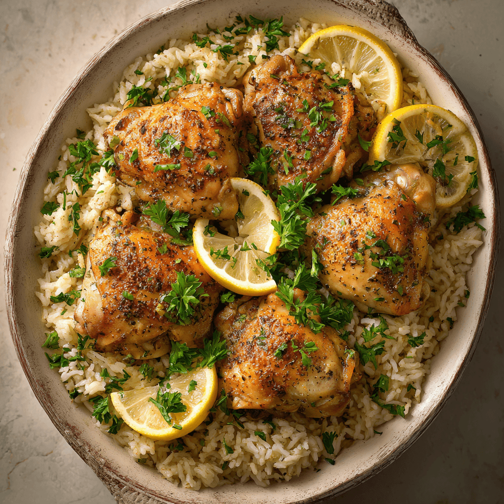 Lemon herb chicken thighs served over fluffy rice with parsley and lemon wedges in a rustic dish.