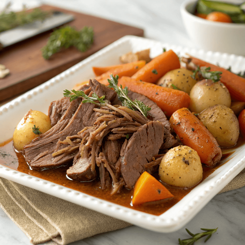 Slow cooker roast beef with potatoes, carrots, and onions arranged on a serving platter.