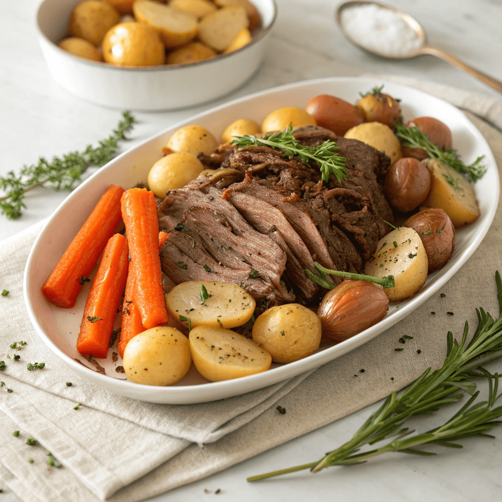 Roast beef crock pot dinner with shredded beef, potatoes, carrots, and onions on a white platter.