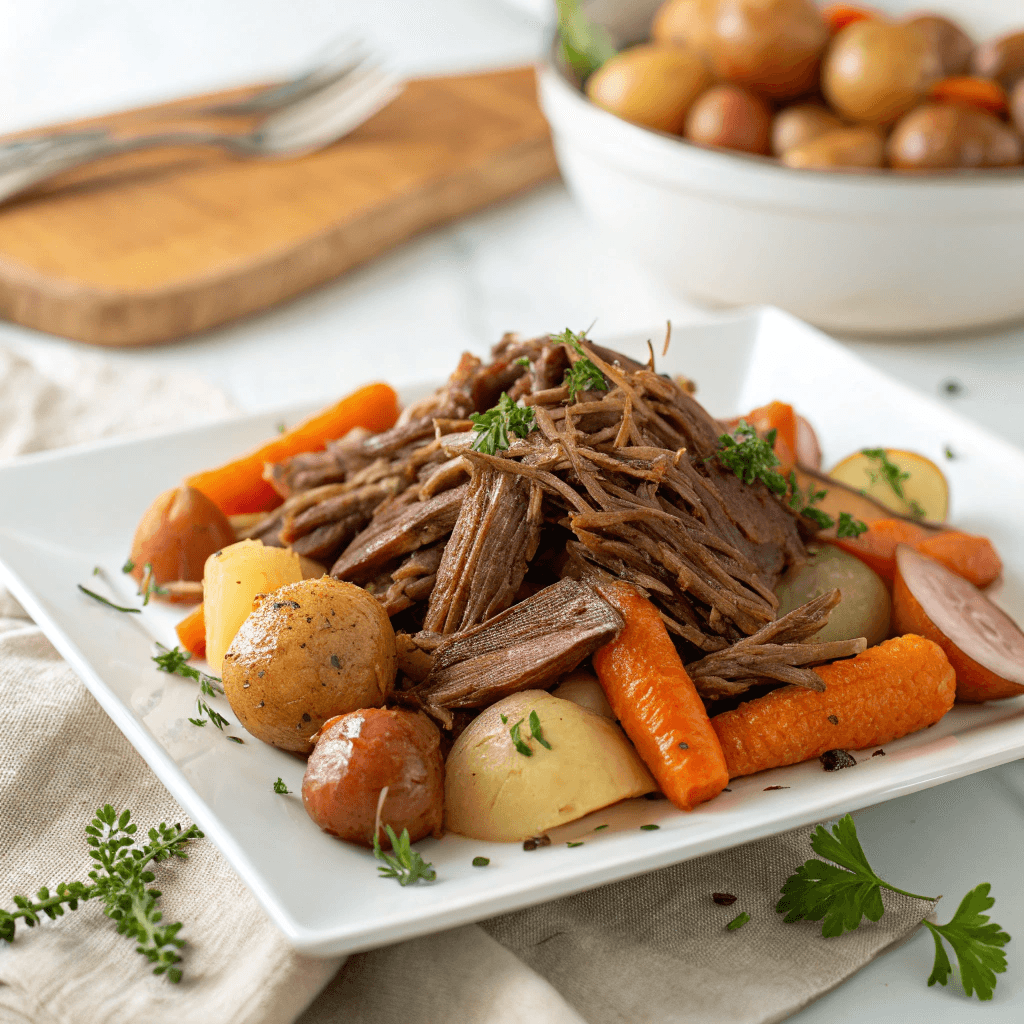 Crock pot roast beef dinner shown from a slight angle with vegetables surrounding the meat.