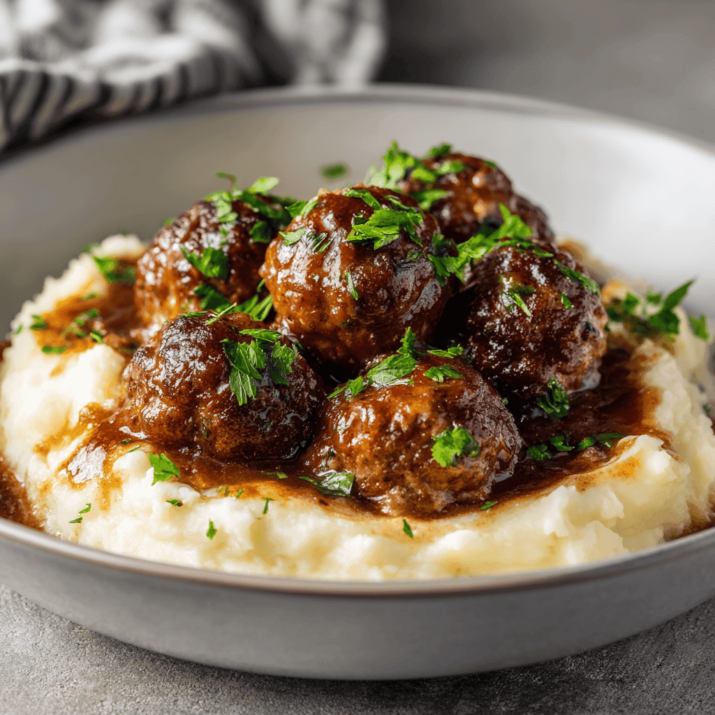 Salisbury steak meatballs in rich gravy served over mashed potatoes and topped with parsley.