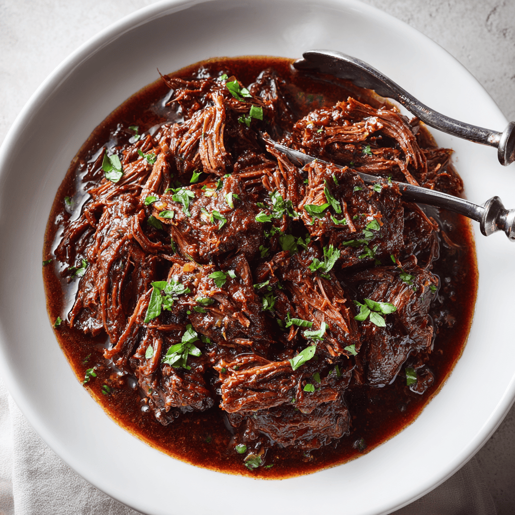 Tender slow cooker shredded beef coated in rich juices served in a white bowl with tongs.